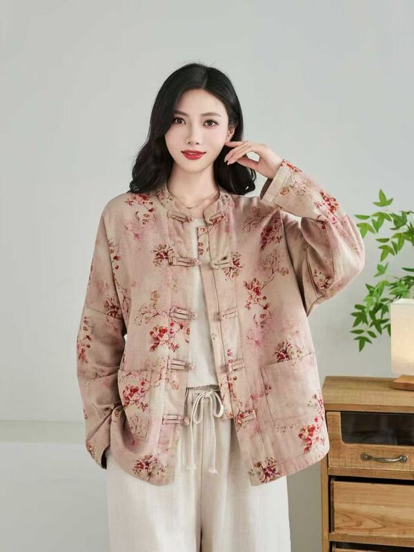 古咖服饰复古印花盘扣外套女式秋季立领宽松休闲时尚气质茶服开衫|undefined