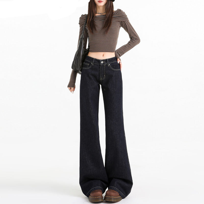 Plus Size Low-Waist Micro-Flared Jeans for Women Dark Blue American Retro Loose Slimming Look Wide-Leg Floor-Length Straight Pants