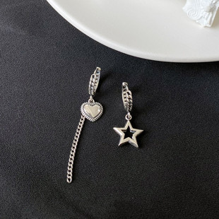 South Korea Dongdaemun Silver Asymmetric Love Five-pointed Star Chain Earrings Fashion All-match Trendy Ear Buckle Women
