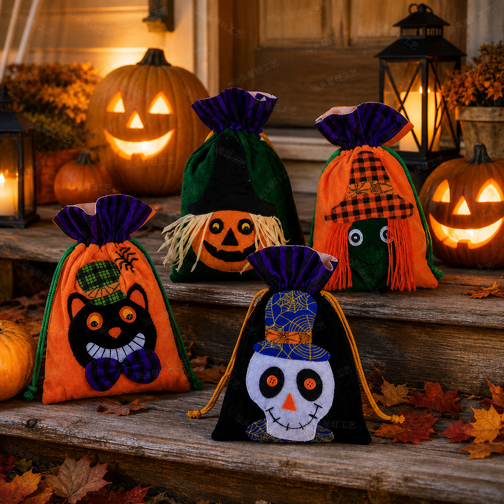 Decoración de Halloween bolsa de caramelo bolsa de regalo de terciopelo para niños Ghost Festival Portátil Bolsa de bruja de calabaza fiesta diseño de vacaciones
