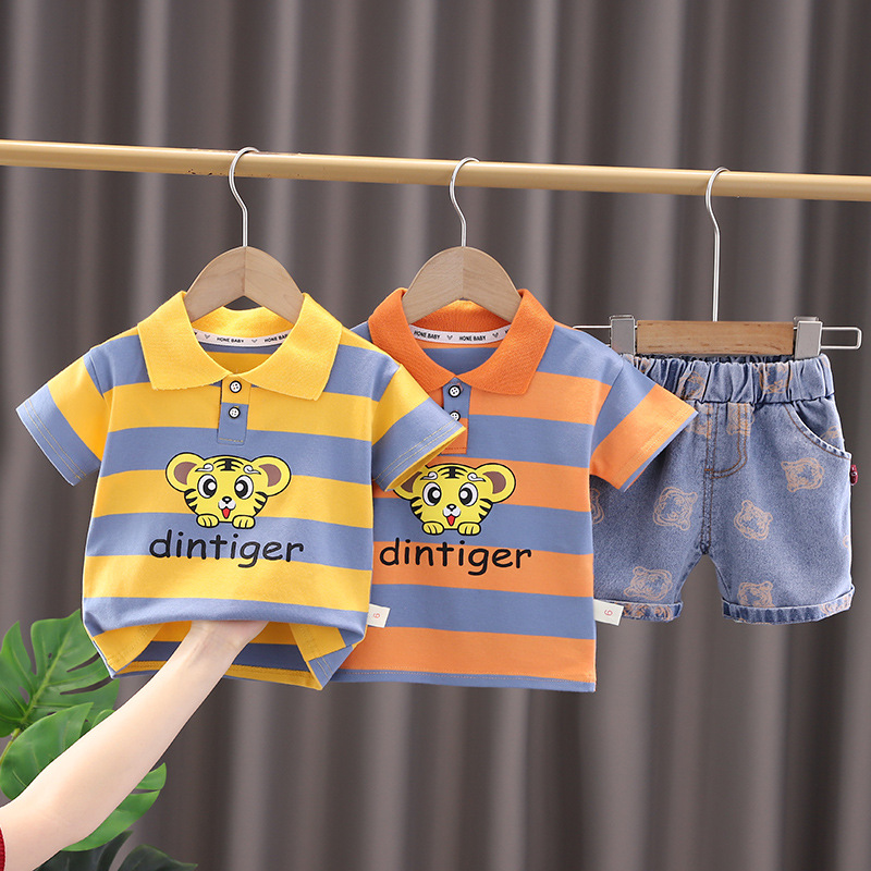 Baby Suit Summer Thin Baby Short-Sleeved Stripesd T-Shirt Kidsren's Lapel Kidsren's Shorts Boys' Clothes New Style