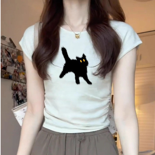 Women's Summer New Design Sensory Minority Pleated Fitted Short Sleeve T-Shirt Sweet and Spicy Short Top