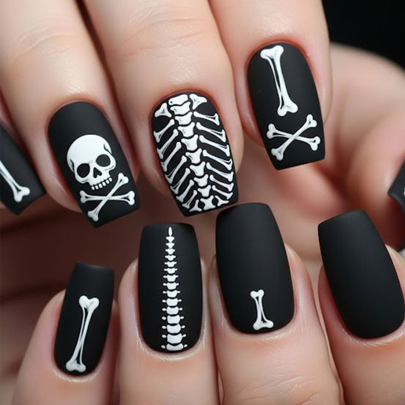 Halloween Wearable Nails Medium Square Black and White Matte Skull Skeleton Pattern Removable Fake Nail Patches Halloween Wearable Nails Medium Square Black and White Matte Skull Skeleton Pattern Removable Fake Nail Patches