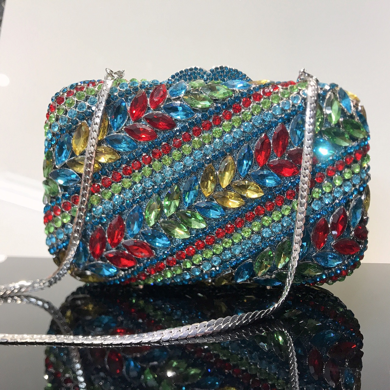 Túi clutch nữ đính đá pha lê hình bông lúa mì, cầm tay dự tiệc sang trọng — Màu đỏ hoa hồng chi tiết 1