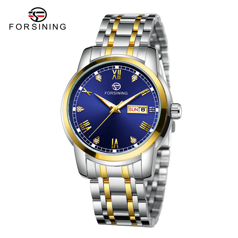 Forsining Fusini 8221 correa de acero reloj casual para hombres reloj mecánico automático calendario semana reloj