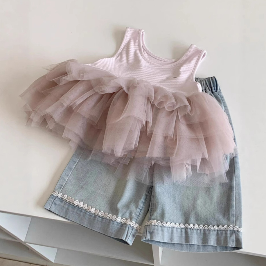 Girls Summer Suit 25 New Girls Korean Style Cute Princess Style Mesh Splicing Vest Children's Lace Jeans