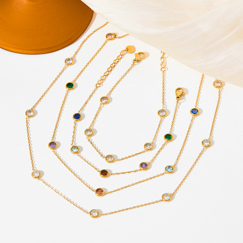 New stainless steel color-preserving colorful zircon bracelet and necklace set with exquisite beaded zircon niche design jewelry