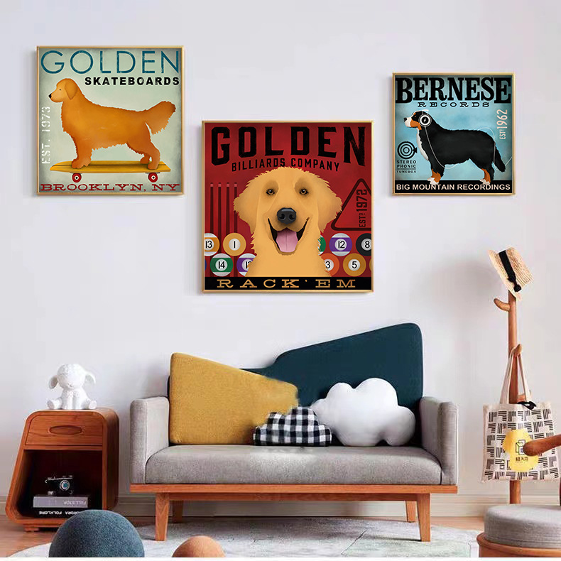 宠物狗装饰画儿童房幼儿园挂画画芯复古欧美简约卡通可爱动物油画