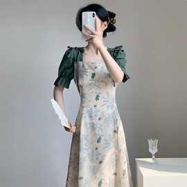 2026夏季森系新款复古国风中式连衣裙两件碎花撞色拼接气质裙子