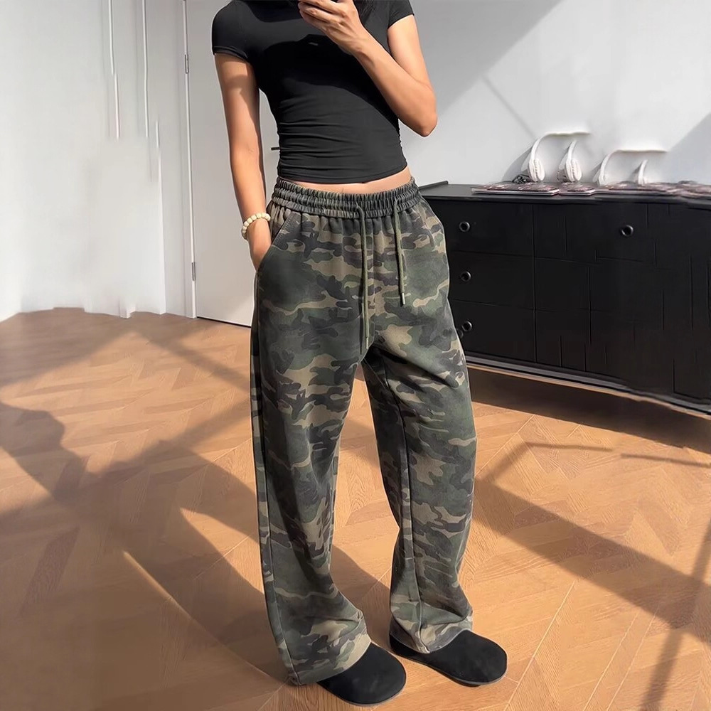 美式复古迷彩弯刀卫裤男女款秋季hiphop阔腿休闲裤子直筒运动长裤