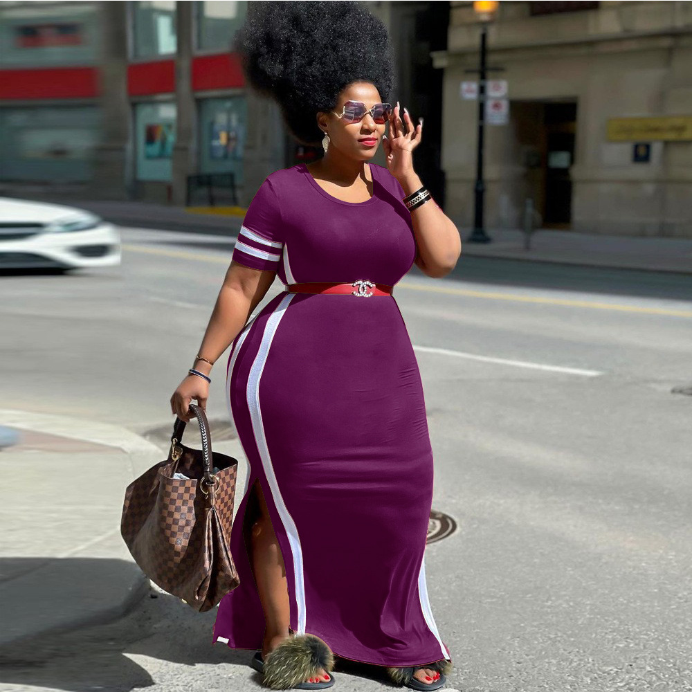 Cross-border Independent Station Solid Color Stripe Stitching plus size dress Amazon Ebay Crewneck Pullover Split Long Skirt