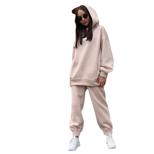  Amazon Women's New Autumn/Winter Fashionable Solid-Color Hoodie Sweatshirt Casual Two-Piece Set