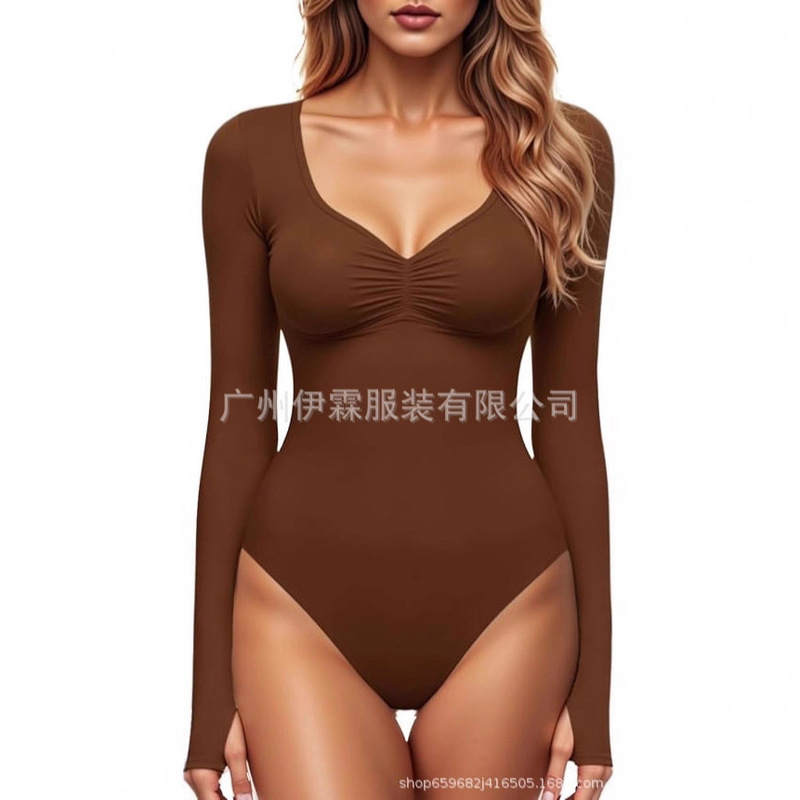 Amazon Wish Knitted Women's Long-Sleeved Bottoming Shirt Fashionable and Versatile New Sexy Sexy Tight Jumpsuit Autumn
