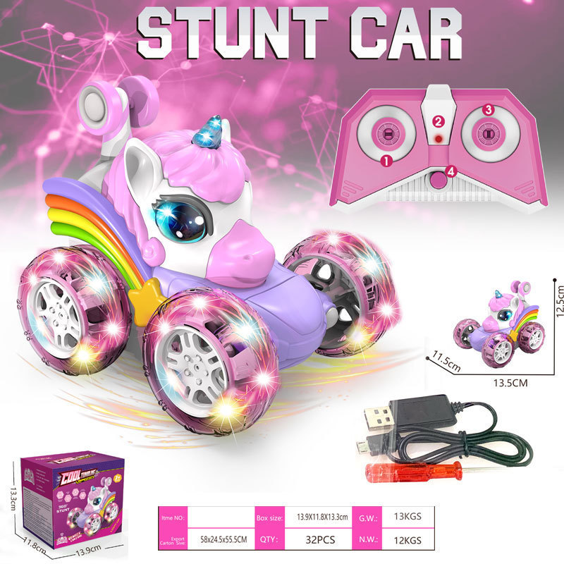 Cross-Border Hot-Selling Rolling Unicorn Remote Control Car Children's Toy 2.4g Light-Up Drift Stunt Car Wholesale in Stock