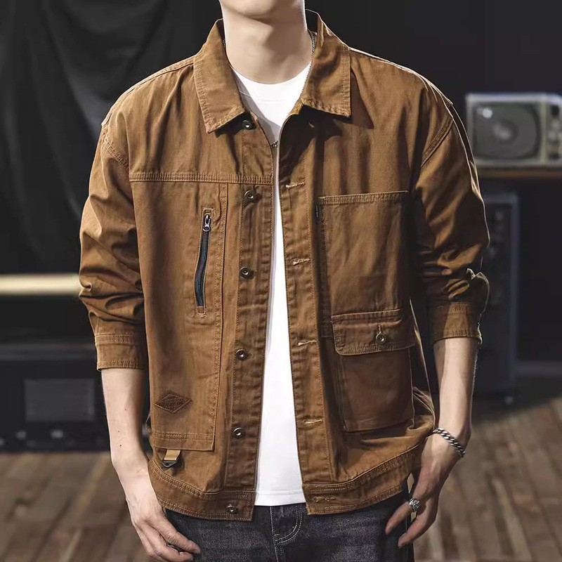 Fishbone Pattern Heavy Retro American Hunting Wear Tough Guy Denim Jacket Men's Autumn plus size Work Jacket Top