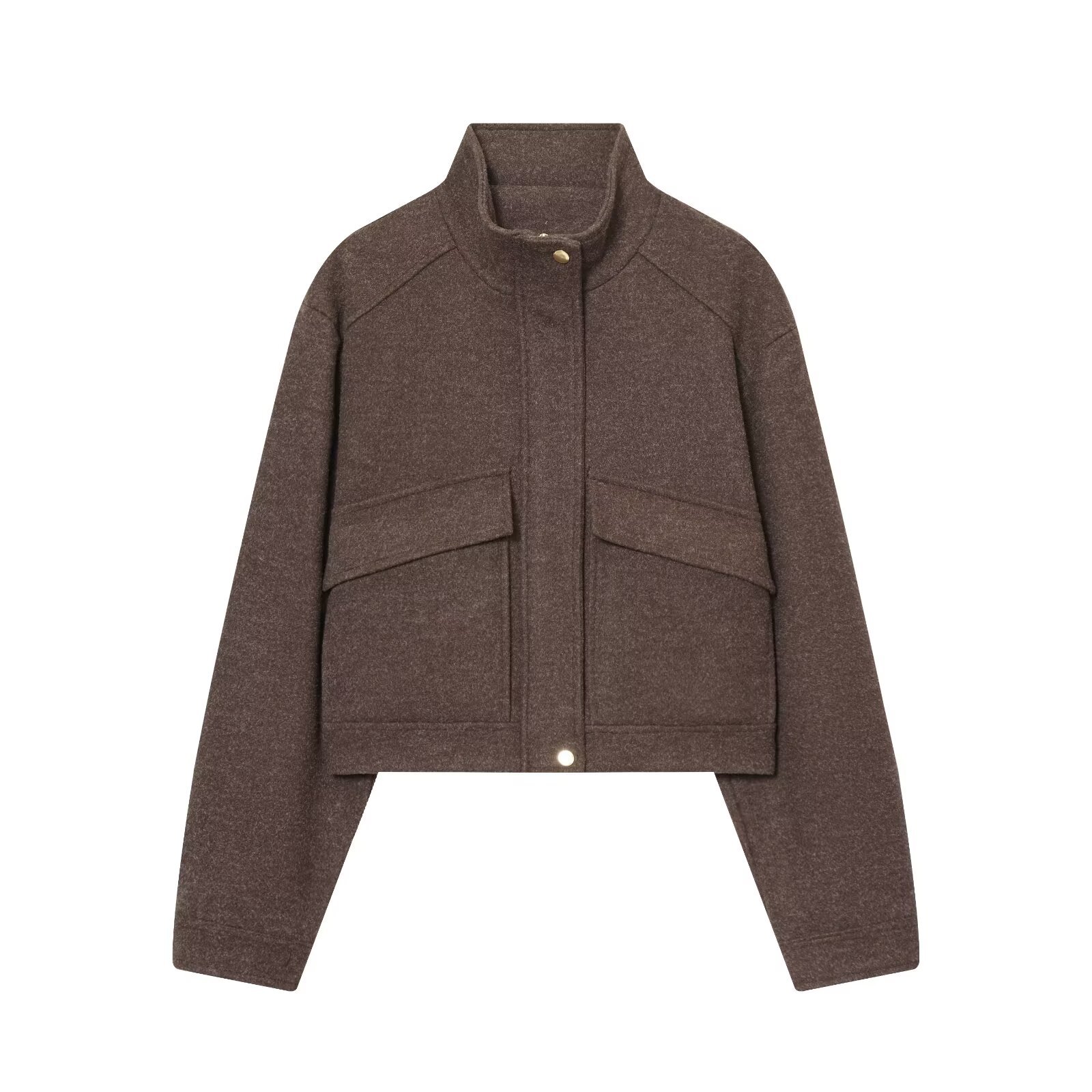 Cross-Border European and American Export Women's Clothing Autumn and Winter New Short Jacket Soft Stand-Up Collar Motorcycle Jacket Woolen Blended Jacket