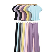 多巴胺运动瑜伽短袖T长裤套装女夏正肩上衣天丝松紧腰抽绳阔腿裤