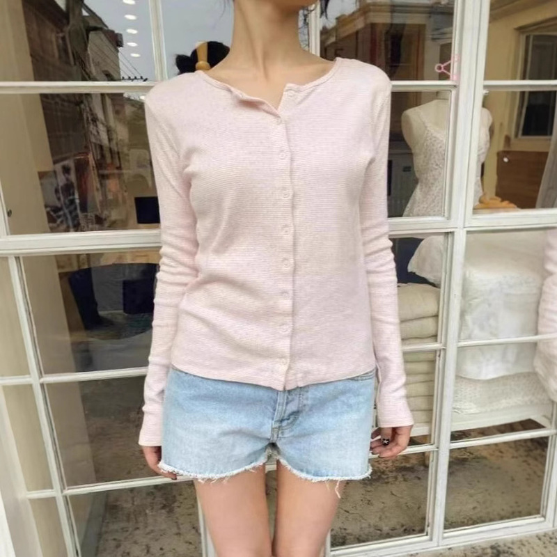 BM Light Pink Hollow Lace Crewneck Long-sleeved T-shirt Cardigan Women's BM Inner Base Shirt Korean Style Beautiful Short Top
