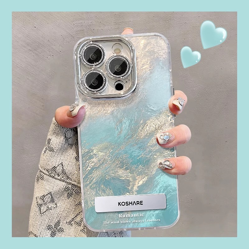 ice blue gradient invisible bracket for apple 15 tin foil pattern phone case 14pro popular 13 lens protector 12/11