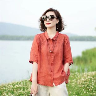 Mom's Summer New Style Lapel Embroidered Shirt Tops Women's Loose Half-Sleeved Shirts Thin Shirts for Middle-Aged and Elderly People