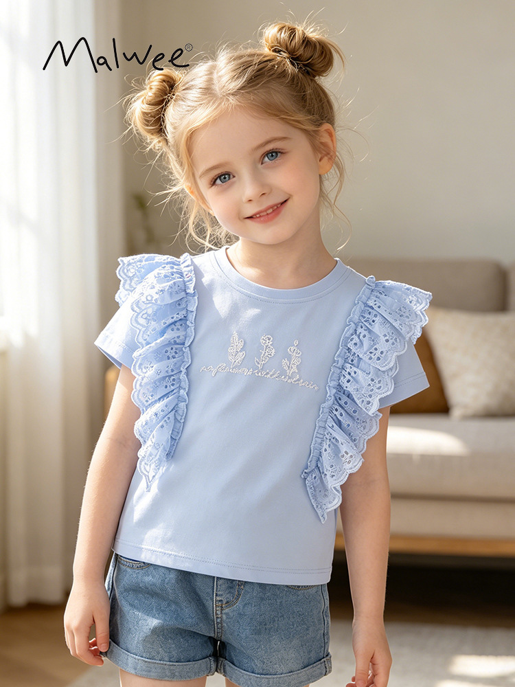 Transfronterizo malwee niñas verano nuevo estilo europeo y americano niños pequeños y medianos estampado estilo extranjero camisa de cuello redondo manga niños camiseta