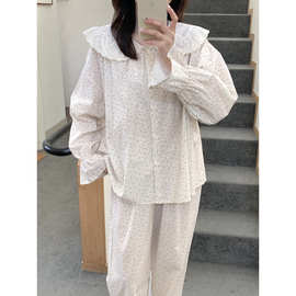 跨境专供外贸女士春秋新品韩系小碎花娃娃领花边家居服睡衣套装女