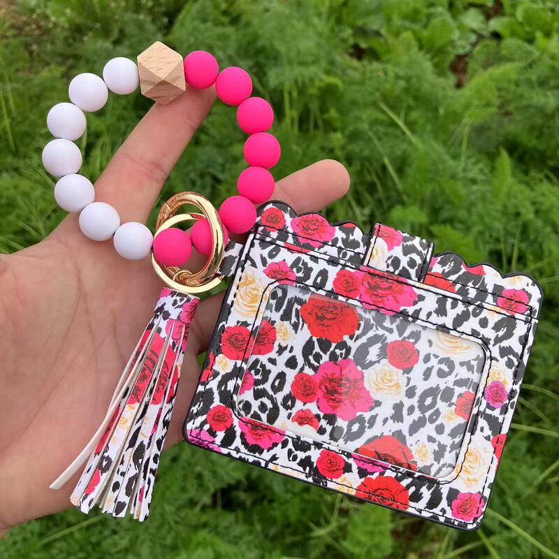 Cross-border PU Leopard Snake Card Bag Color Bead Bracelet Women's Coin Purse Bus Card Set Leather Tassel Pendant