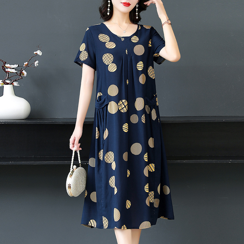 Plus Size Plus Size 150kg Middle-Aged and Elderly Cotton Silk Flesh-Covering Dress Women's Mid-Length 100kg Fat Mother's Dress