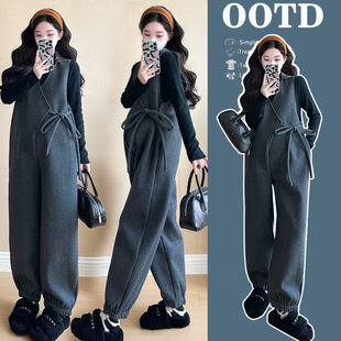 Real shot in stock pregnant women woolen fleece-lined padded suspenders 2-piece set plus size winter high-end suit