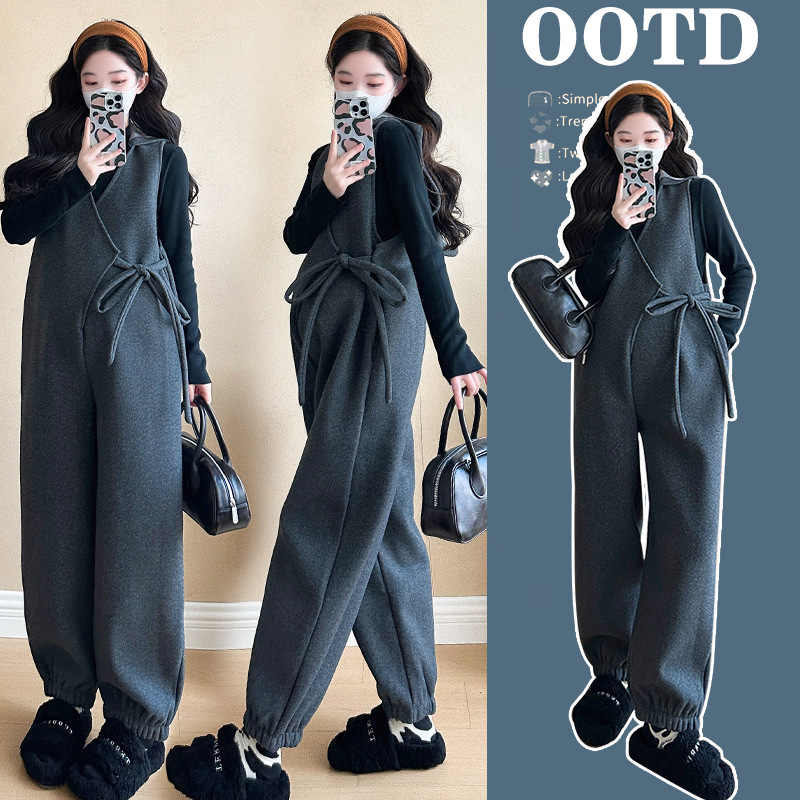 Real shot in stock pregnant women woolen fleece-lined padded suspenders 2-piece set plus size winter high-end suit