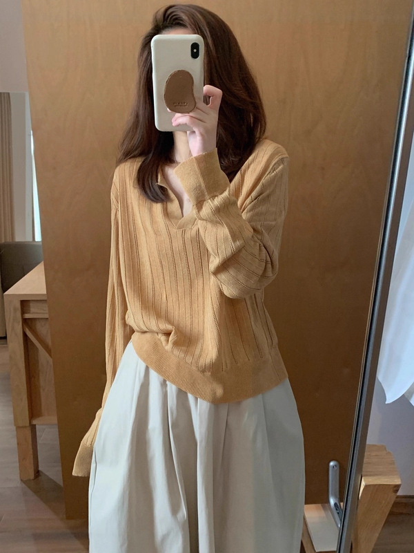 韩系老钱风polo领长袖针织衫T恤女秋季设计感v领宽松内搭打底上衣|undefined