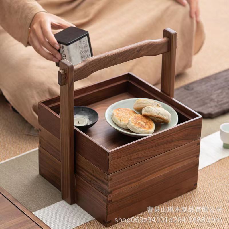 黑桃木提盒月饼盒中式实木手提盒摆件便携式茶盒多层食盒点心盒