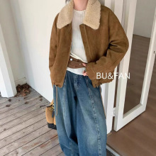 设计感羊羔毛翻领鹿皮绒夹棉外套女2025秋冬新款时尚百搭短款上衣