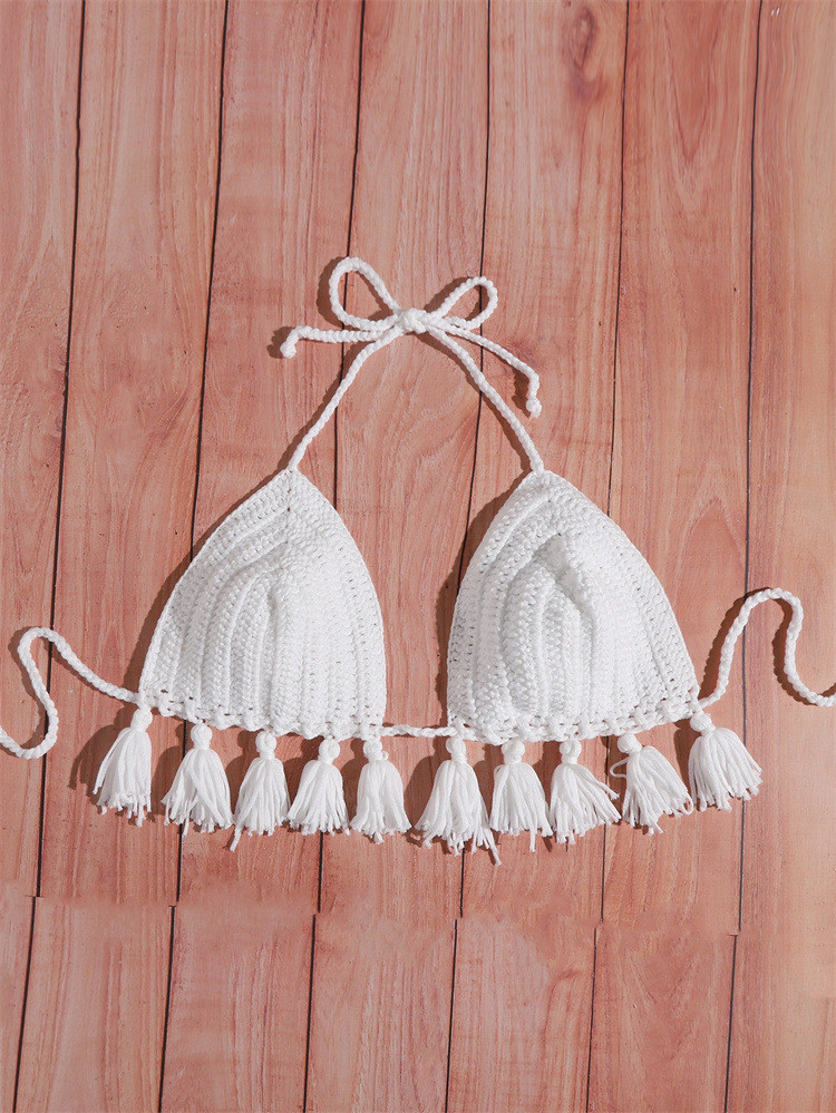 廠價(jià)直銷度假風(fēng)比基尼修身純色手勾綁帶大流蘇泳衣上衣 批發(fā) 1059