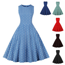 D跨境复古女装外贸热卖夏季圆领无袖小圆点印花修身大摆连衣裙