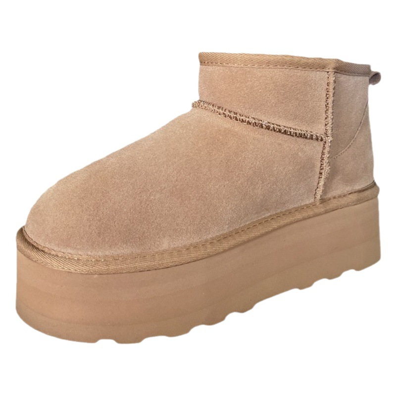 Botas de nieve cortas Zapatos de suela gruesa para mujer 5cm de fondo de plataforma con forro polar grueso de piel de vaca oculto aumento de la altura cuero genuino lana real