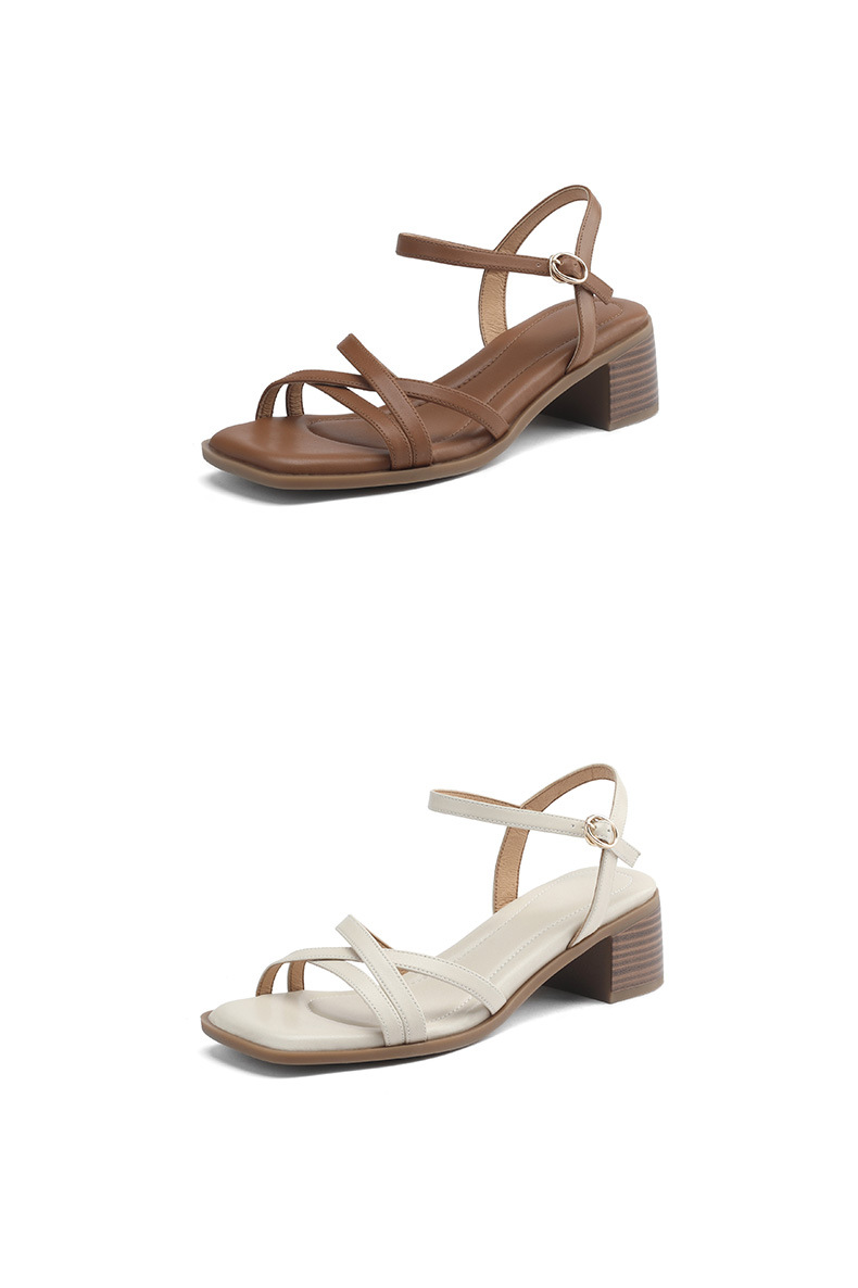 Sandal quai ngang gót vuông hở mũi da bò lớp đầu phong cách La Mã — Màu nâu chi tiết 19