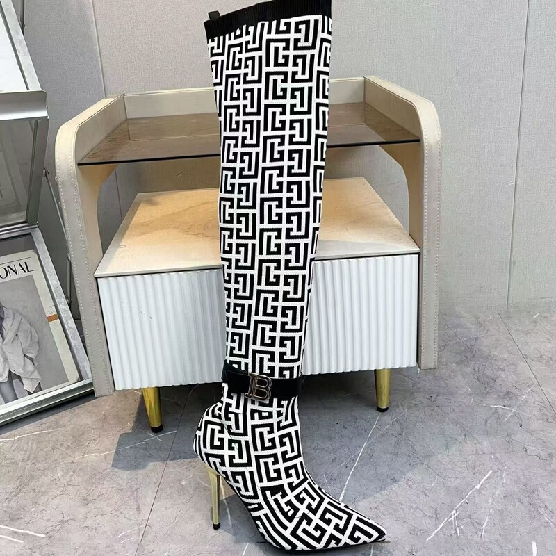 European Pointed Toe Sexy Metal Heel B Buckle Elastic Sock Boots Autumn and Winter Over-The-Knee Boots High Boots Over-The-Knee Boots