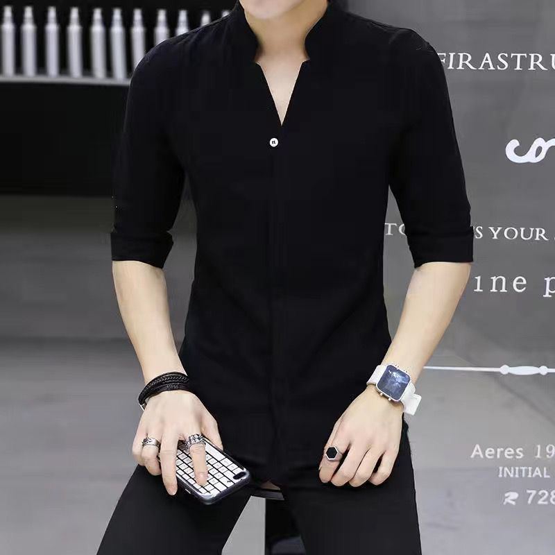 Summer Thin Men's Three-Quarter Sleeve Shirt Korean Style Slim Solid Color Versatile Breathable Shirt Stand Collar Mid-Sleeve Trendy