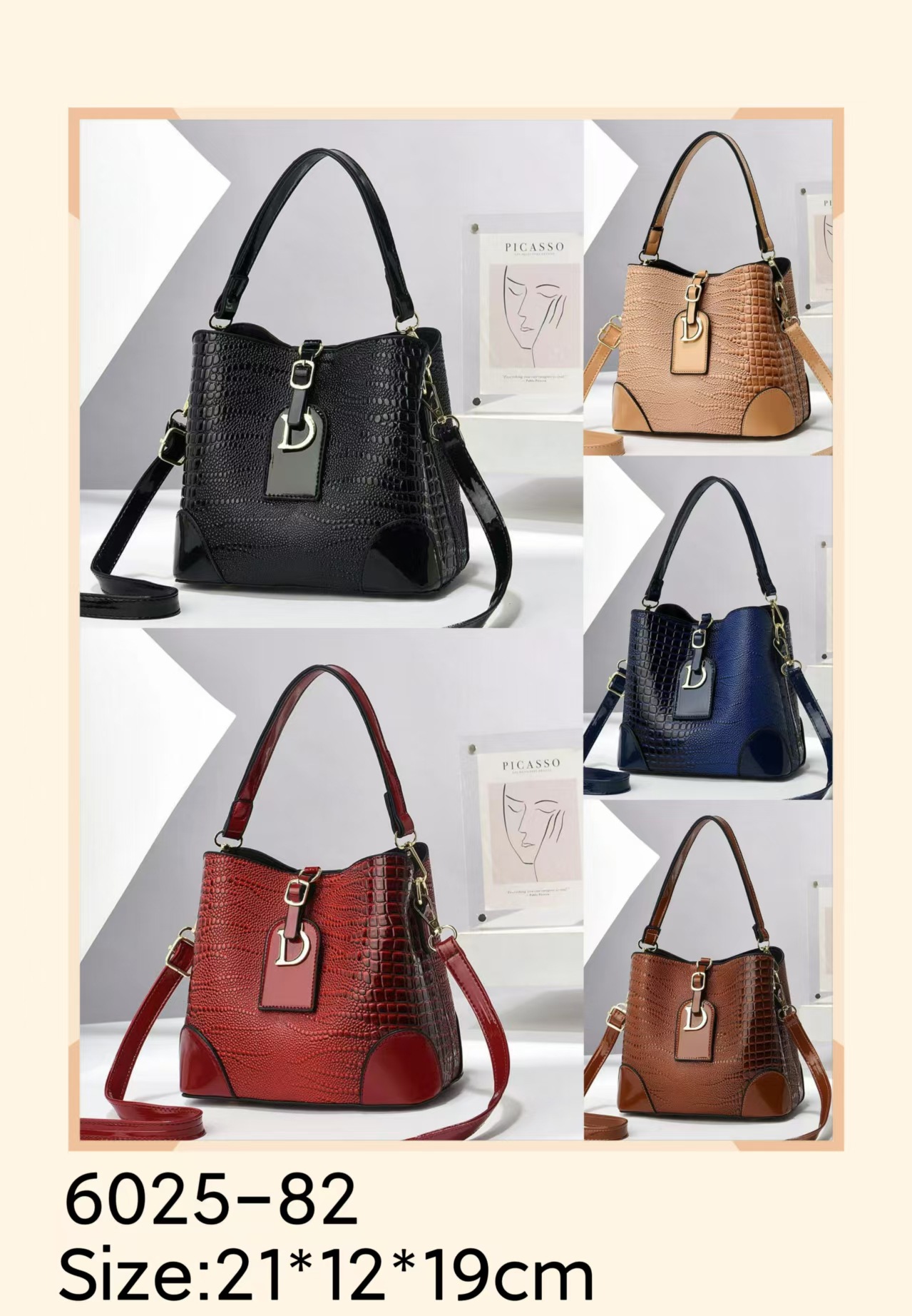 Bucket Shape Women's Pu Leather Solid Color Crocodile Classic Style Sewing Thread Bucket Zipper Crossbody Bag