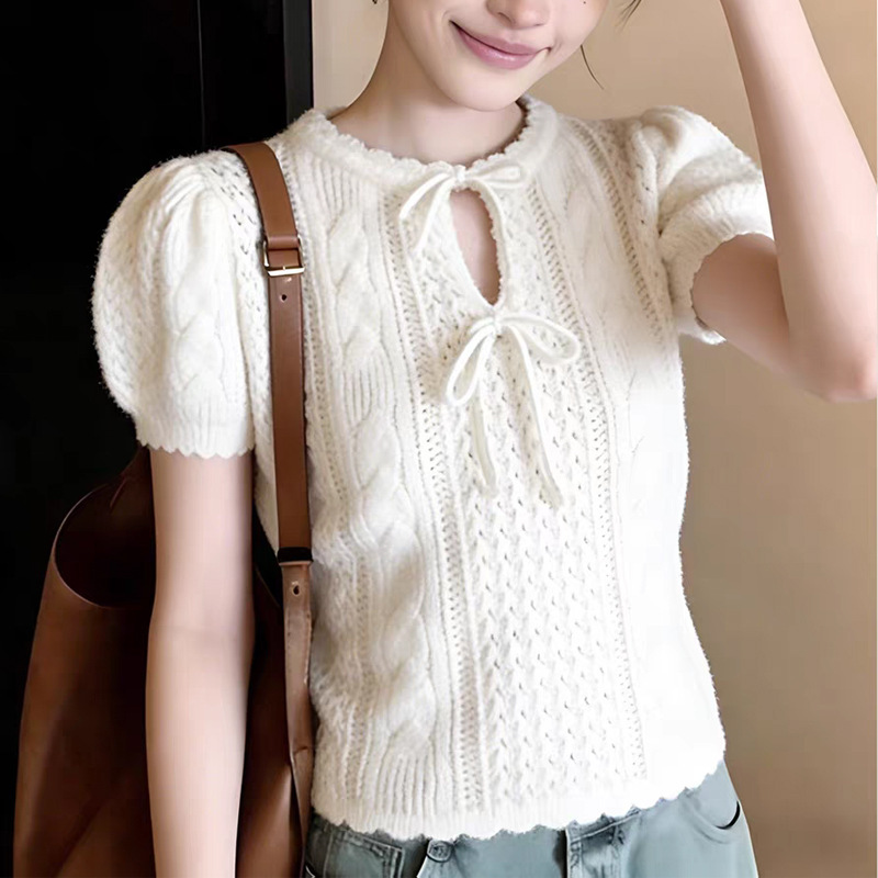 White Thick Cable-Knit Bow-Tie Puff Sleeve Short-Sleeve Knit Top for Women, 2026 Summer Niche Gentle Style Blouse