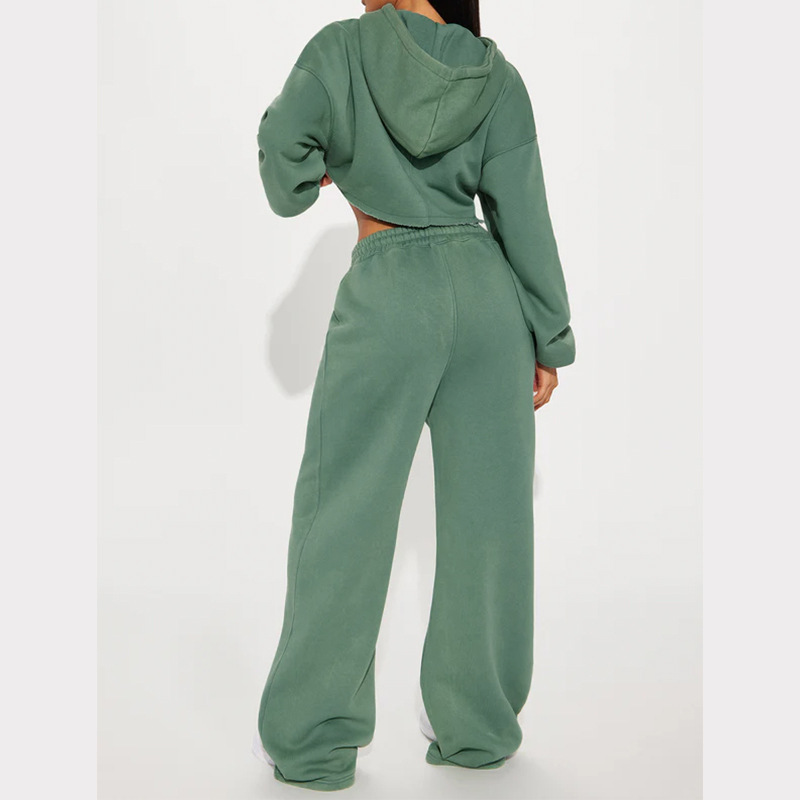 Vêtements pour femmes automne femmes décontracté à capuche devant zip pull jambe large pantalon ample costume_voghion.com