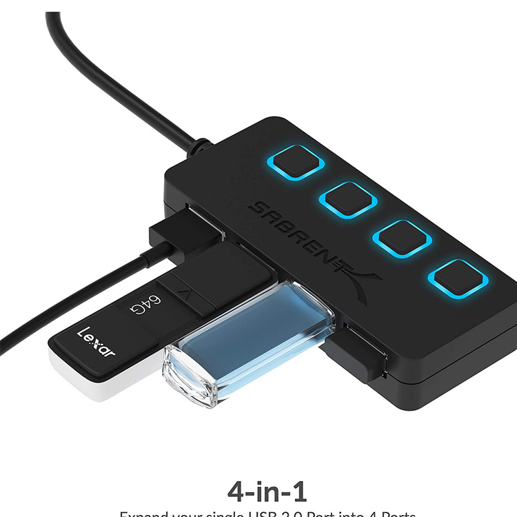 USB 分线器具有独立LED点亮电源开关 4端口USB 2.0集线器|ru