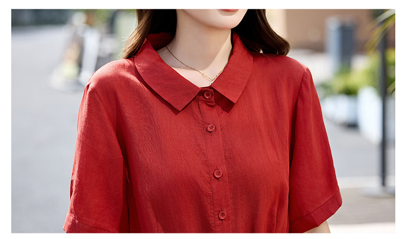 Đầm suông nữ midi dây rút eo cổ điển tay ngắn — Xanh lông mòng đen, màu đỏ chi tiết 24
