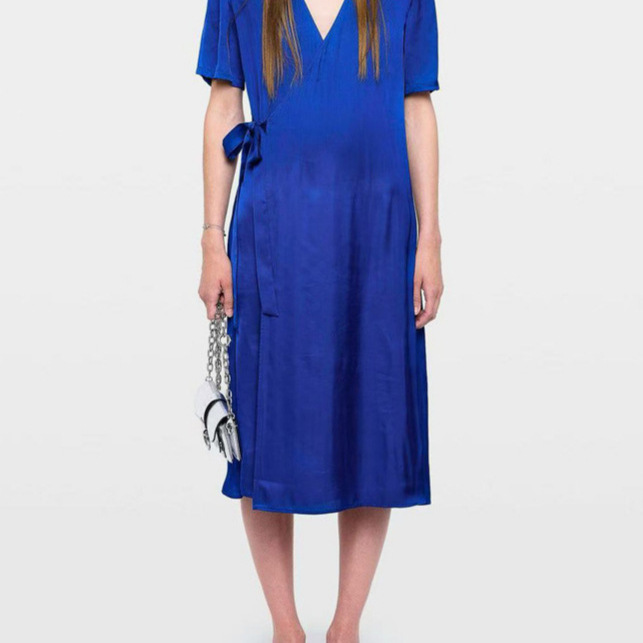 Cross-Border E-Commerce Z@&V New Blue Satin Wrap Mid-Length V-Neck Slim-Fit Dress Cross-Border E-Commerce Z@&V New Blue Satin Wrap Mid-Length V-Neck Slim-Fit Dress