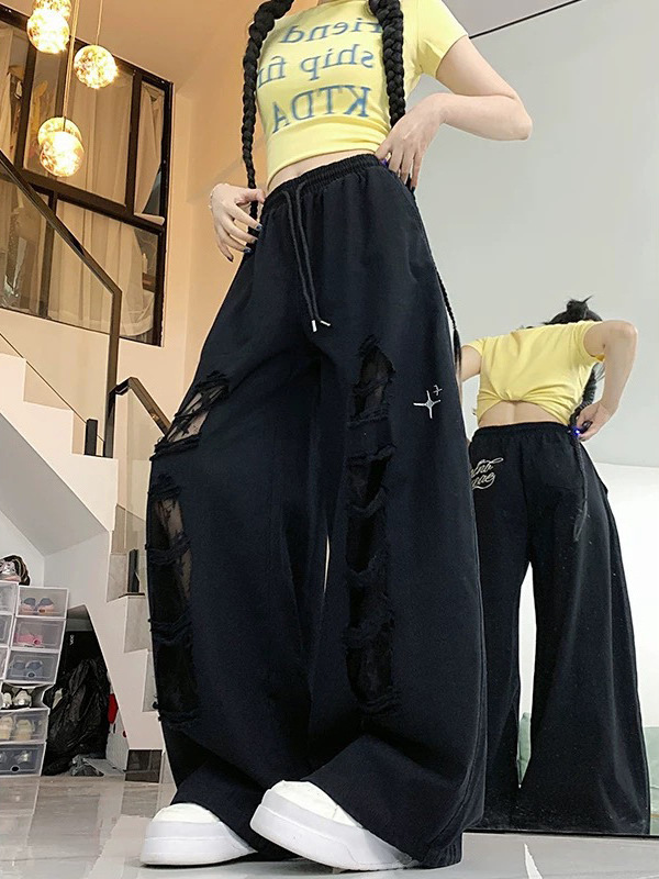 黑色破洞牛仔裤女2025夏季新款高腰显瘦直筒阔腿休闲爵士跳舞裤子|undefined