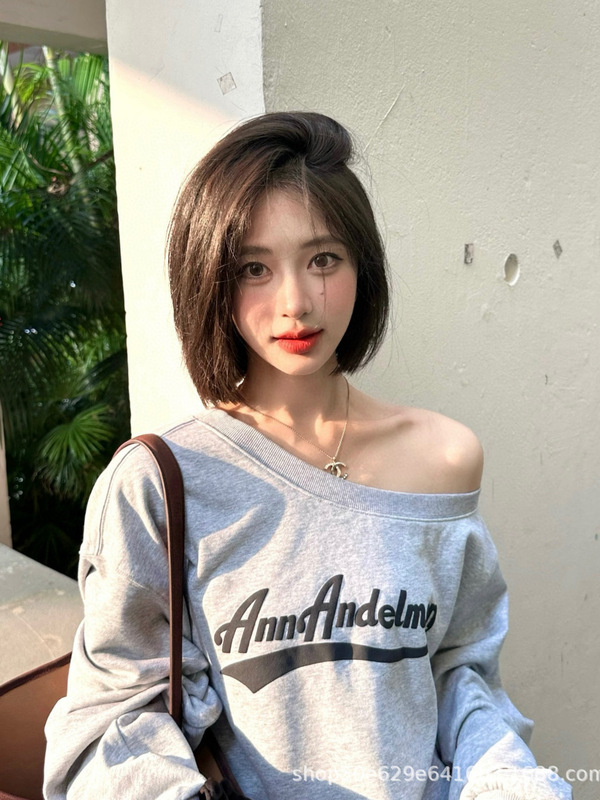 ann早秋 印花斜领单肩卫衣辣妹风宽松长袖套头可露肩卫衣长袖防晒|undefined