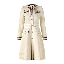 小香风2024新款长袖连衣裙气质优雅针织裙拼接绑带设计米白色黑色