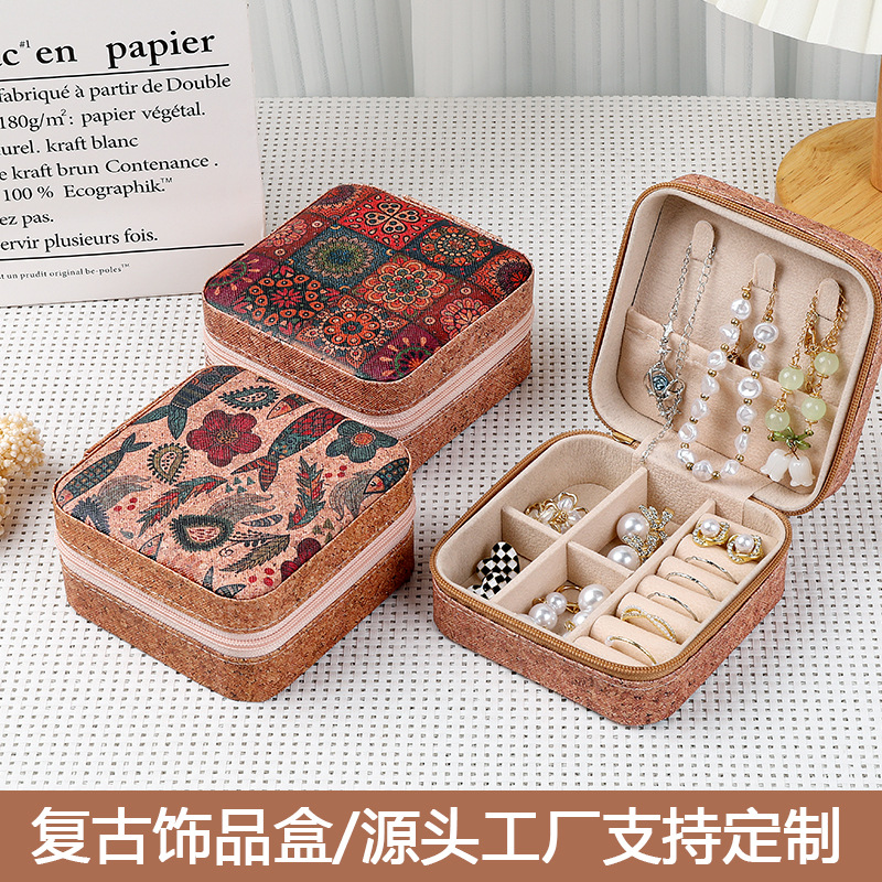 Source Factory Retro High-End Cork Jewelry Box Earrings Ring Necklace Storage Packaging Box Wholesale Processing Customization