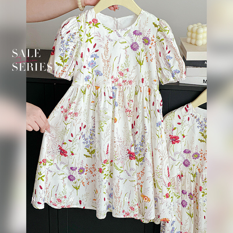 Zhilili Children's Clothing Girls' Dress 2026 Summer Pure Cotton Puff Short Sleeve Floral Fairy Parent-Child Style Lady Dress